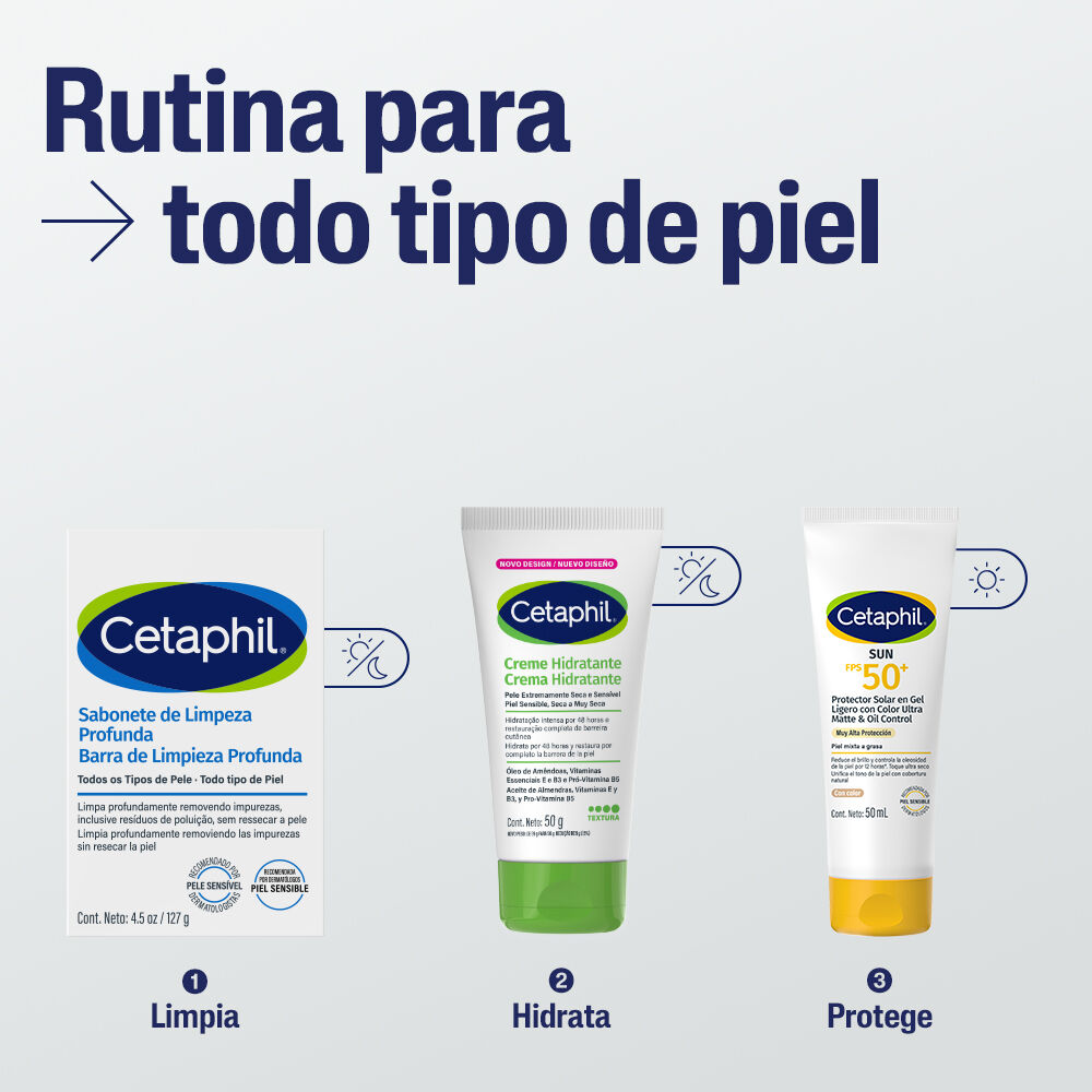 Rutina Cetaphil todo tipo de piel limpia hidrata y protege con bloqueador