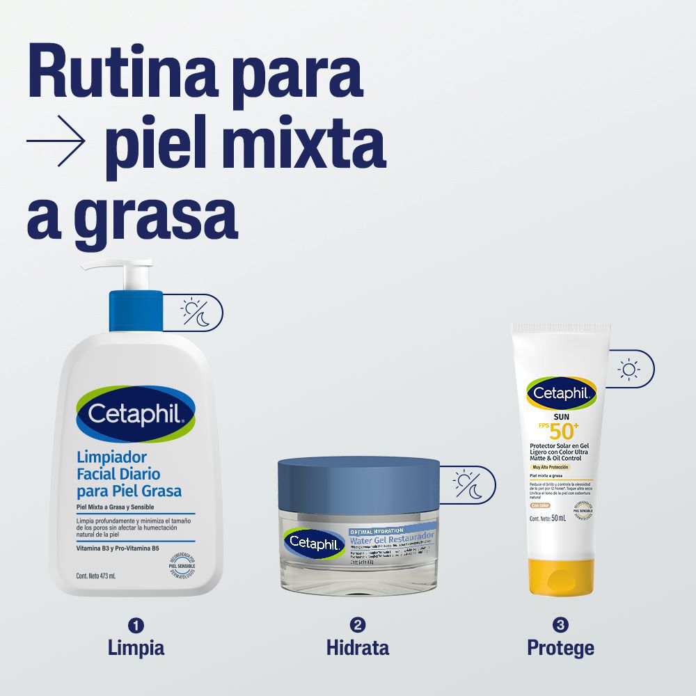 Rutina Cetaphil piel mixta a grasa limpia 473ml hidrata y protege bloqueador