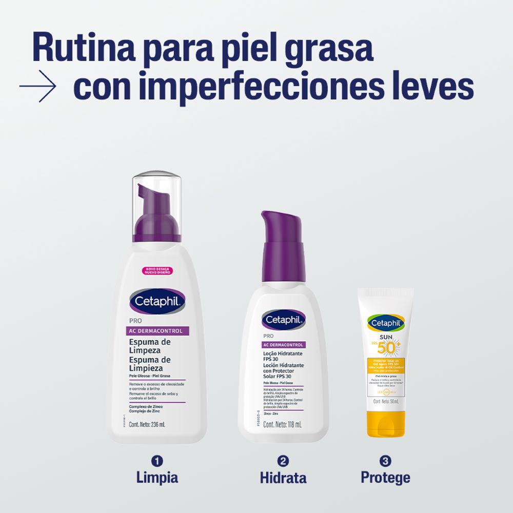 Rutina Cetaphil piel grasa acneica limpia AC espuma hidrata FPS 30 mascarilla arcilla