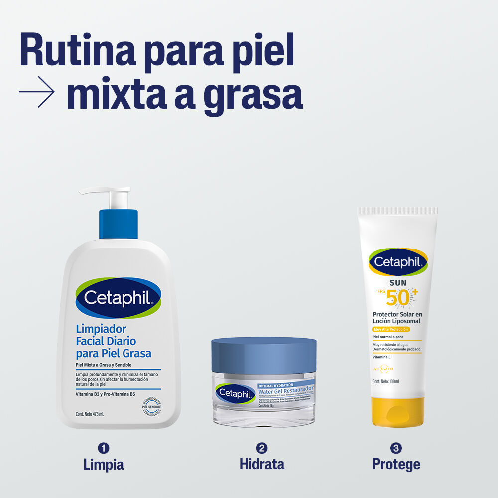 Rutina Cetaphil para piel mixta a grasa: limpieza, hidrataci&oacute;n y protecci&oacute;n solar FPS 50+