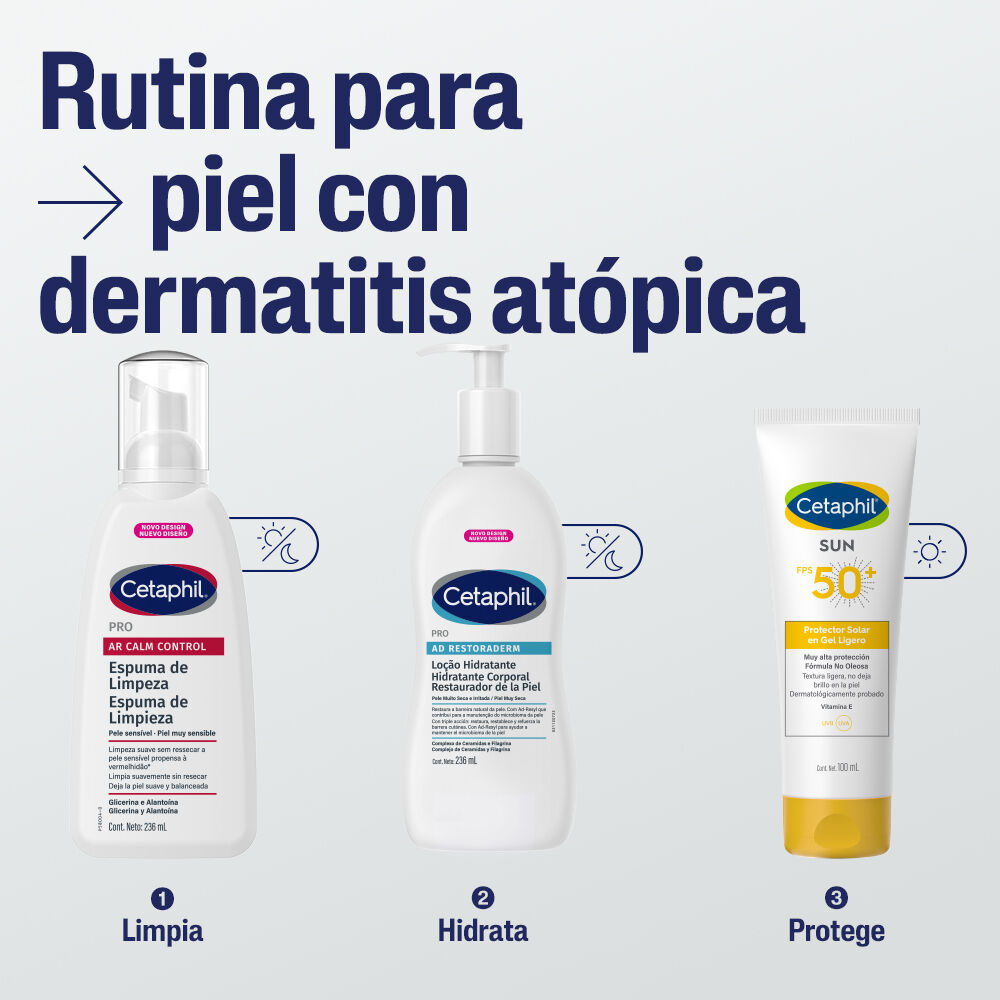 Rutina Cetaphil para dermatitis at&oacute;pica: limpia con espuma, hidrata con loci&oacute;n restauradora, protege con FPS 50+
