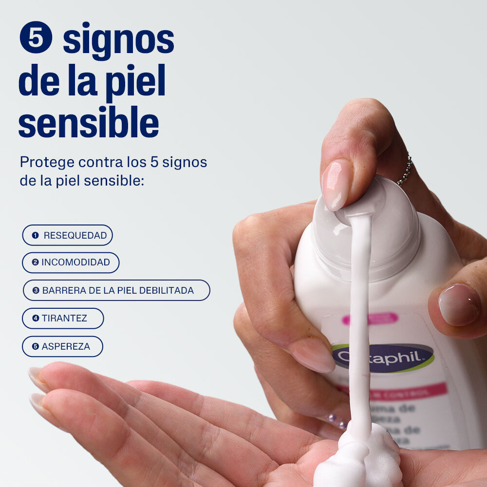 Infograf&iacute;a 5 signos piel sensible Cetaphil: resequedad, incomodidad, barrera debilitada, tirantez y aspereza - mano dispensando espuma
