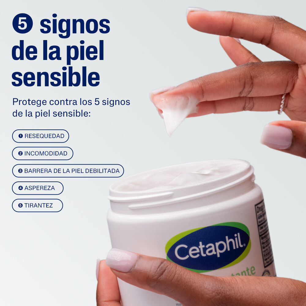 Infograf&iacute;a 5 signos de sensibilidad que combate crema Cetaphil: barrera debilitada, molestias, aspereza, tirantez y resequedad