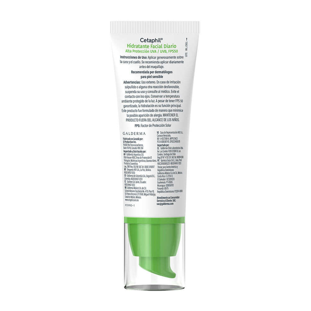 Etiqueta trasera hidratante facial diario Cetaphil FPS 50 con instrucciones modo de uso e ingredientes
