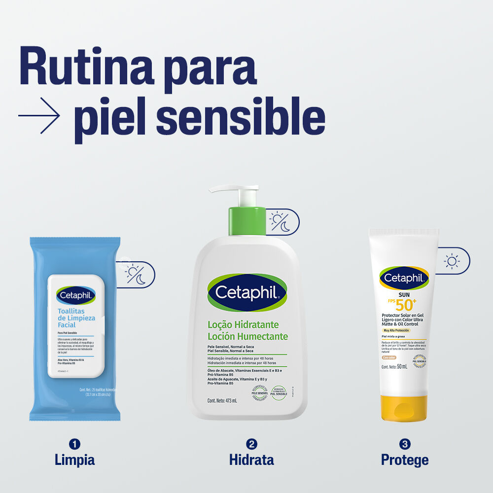 Rutina Cetaphil piel sensible limpia con toallitas hidrata y protege bloqueador