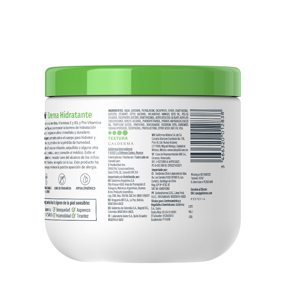 Etiqueta trasera crema hidratante Cetaphil 453g con informaci&oacute;n de ingredientes y modo de uso