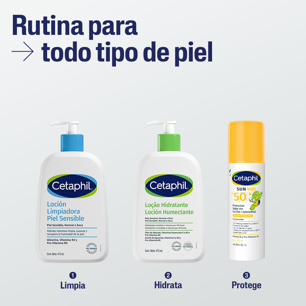 Rutina Cetaphil para piel sensible infantil: limpieza, hidrataci&oacute;n y protecci&oacute;n solar FPS 50+