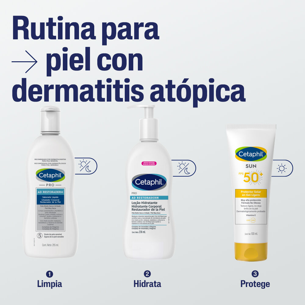 Rutina Cetaphil dermatitis at&oacute;pica tres pasos limpia hidrata protege diario