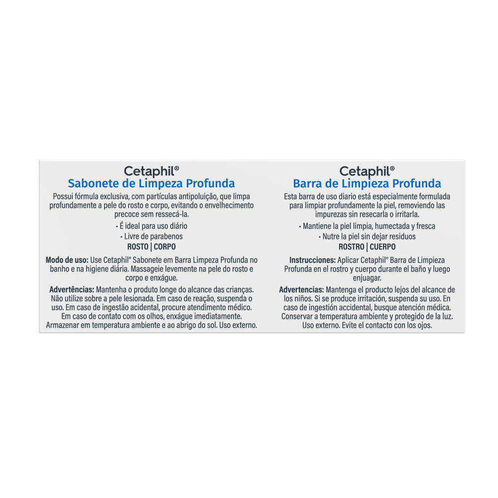 Comparaci&oacute;n etiqueta barra limpieza profunda Cetaphil sabonete y barra modo de uso
