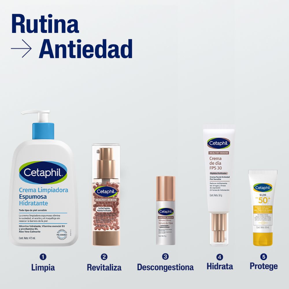 Rutina antiedad Cetaphil limpia revitaliza descongestiona hidrata protege cinco pasos s&eacute;rum Healthy Renew