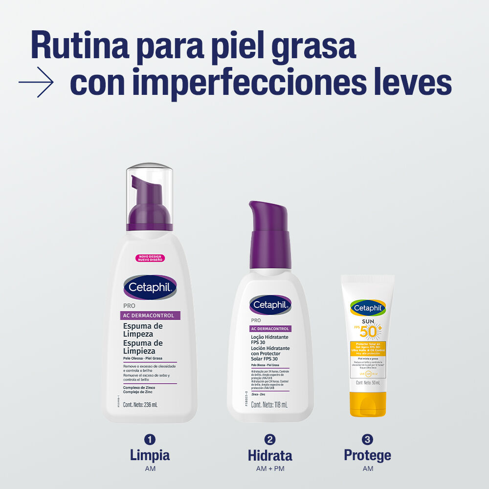 Rutina Cetaphil piel grasa acneica limpia con AC Control hidrata y protege