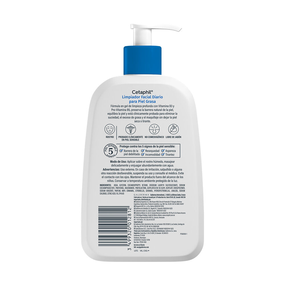 Etiqueta trasera limpiador facial Cetaphil 473ml piel grasa con ingredientes y uso
