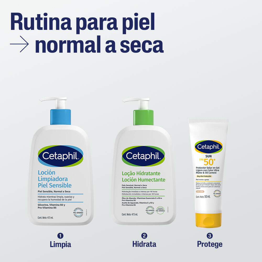 Rutina Cetaphil para piel normal a seca: limpieza, hidrataci&oacute;n y protecci&oacute;n solar FPS 50+ con color
