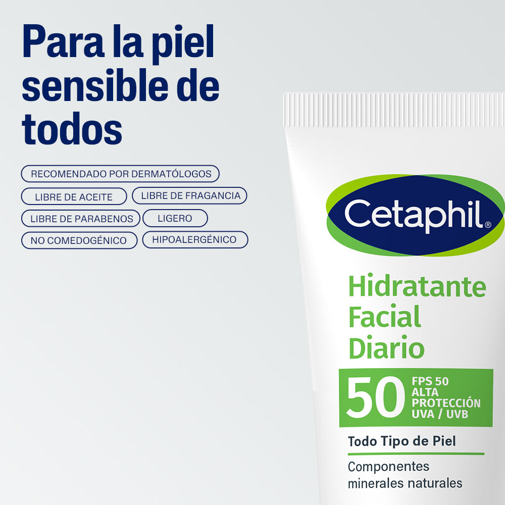 Hidratante facial diario Cetaphil 50ml FPS 50 alta protecci&oacute;n UVA UVB componentes minerales naturales para todo tipo de piel