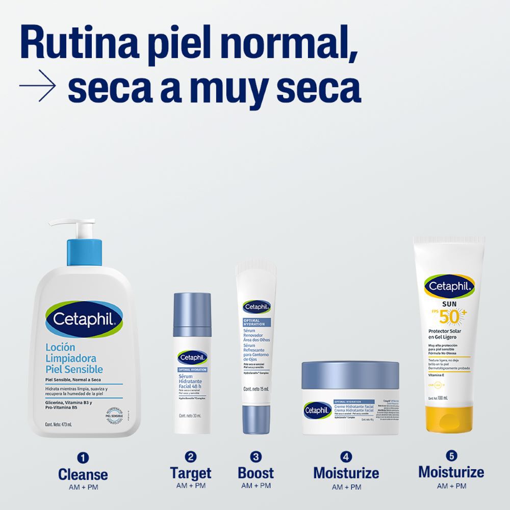 Rutina Cetaphil piel normal seca limpia s&eacute;rum ilumina hidrata protege cinco pasos
