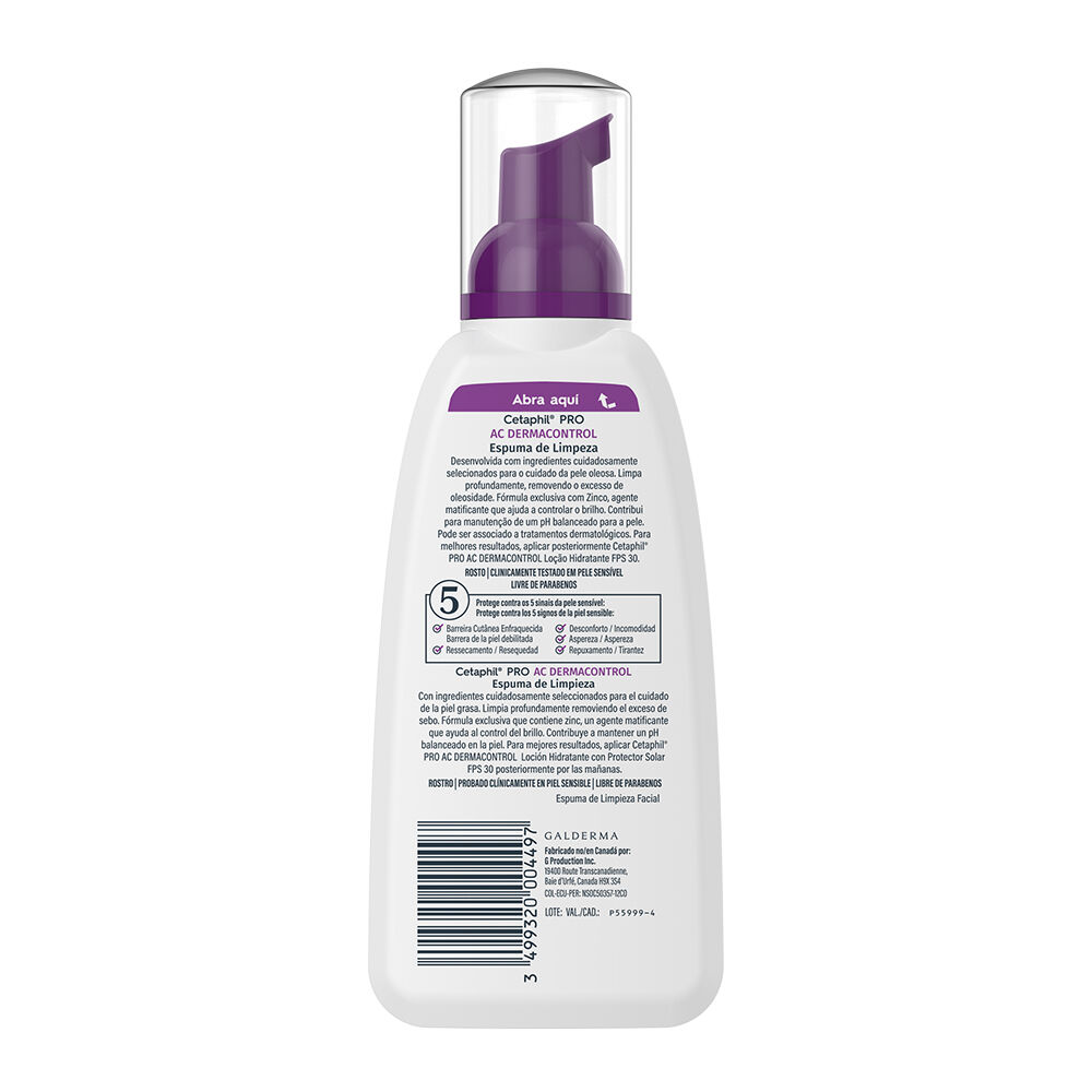 Etiqueta trasera espuma AC Control Cetaphil 236ml ingredientes pH equilibrado