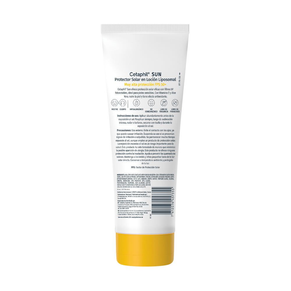 Parte trasera del protector solar Cetaphil Sun FPS 50+ con instrucciones y beneficios