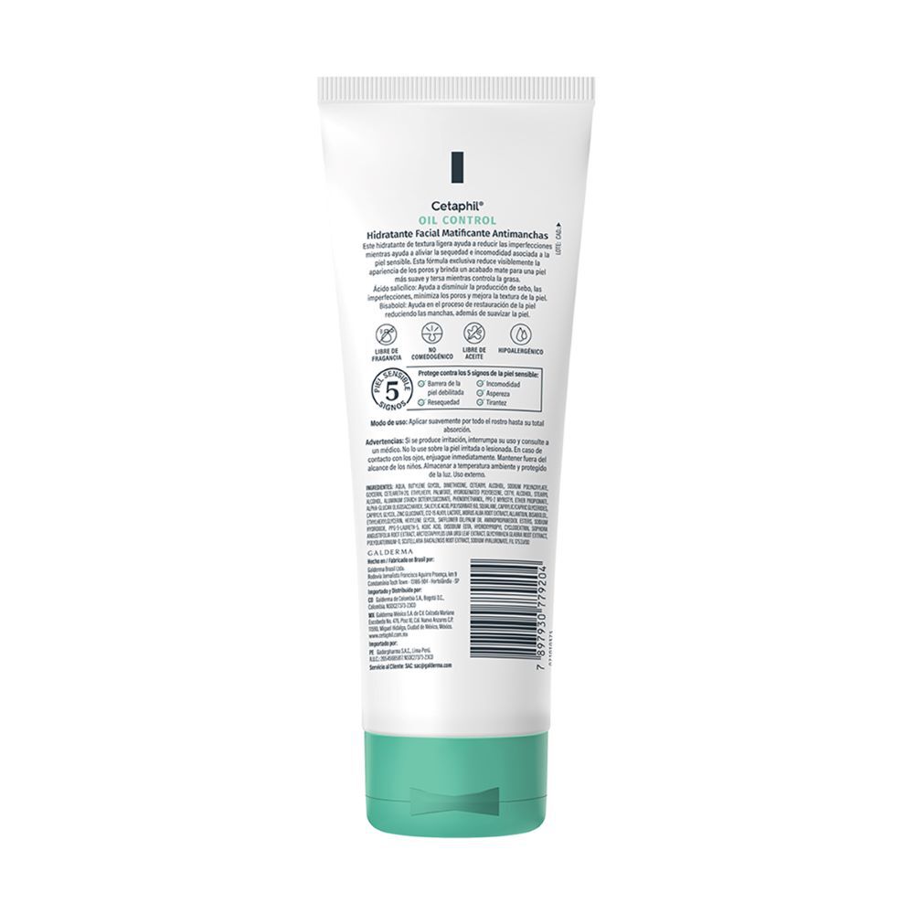 Etiqueta trasera Cetaphil Oil Control 100ml &aacute;cido salic&iacute;lico bisabolol ingredientes