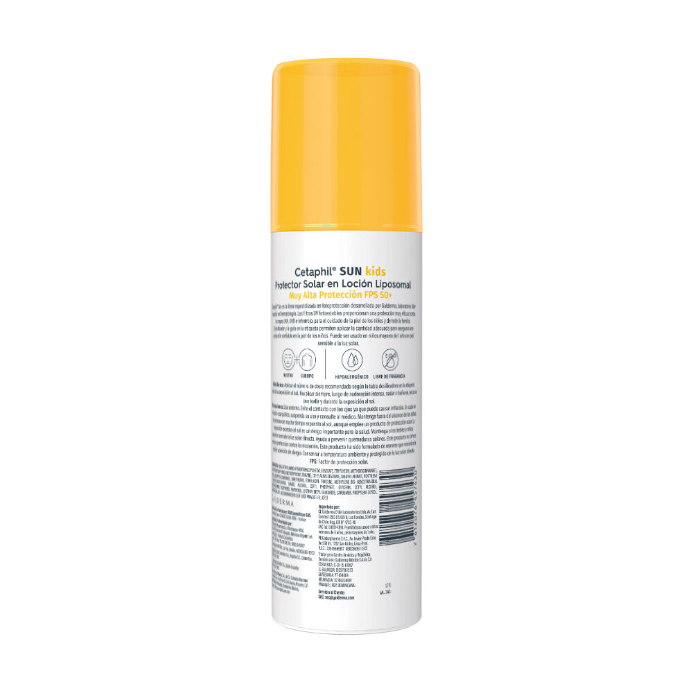 Parte trasera del protector solar Cetaphil Sun Kids FPS 50+ con instrucciones y beneficios