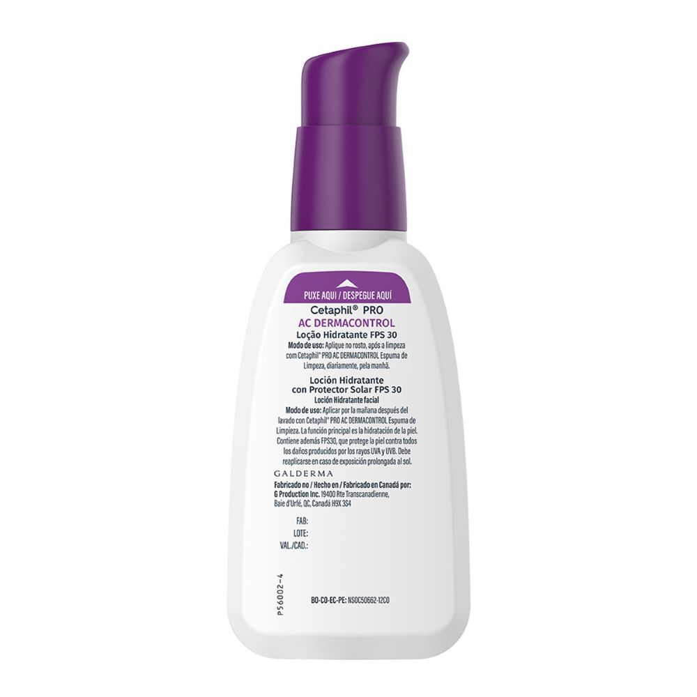 Etiqueta trasera hidratante PRO AC Control FPS 30 Cetaphil ingredientes pH equilibrado