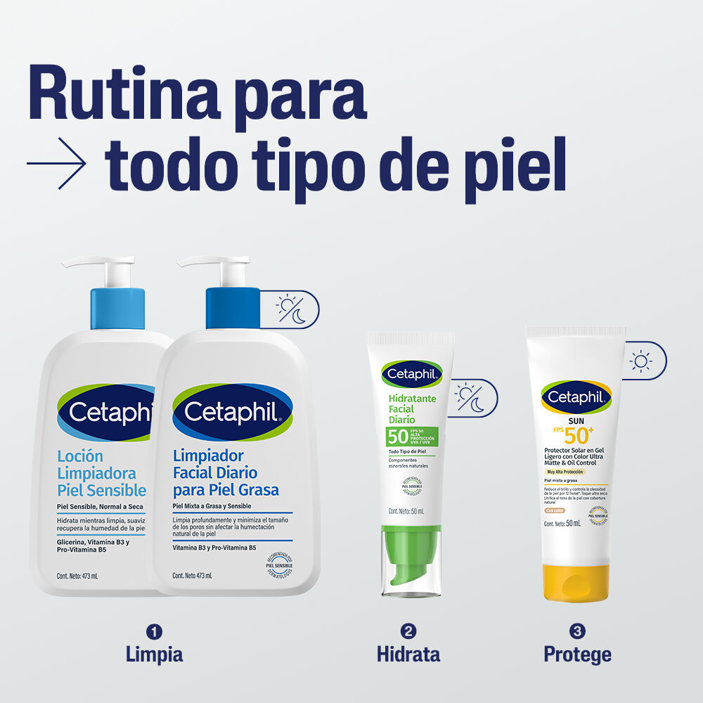 Rutina completa Cetaphil para todo tipo de piel limpia con loci&oacute;n hidrata con FPS 50 y protege con bloqueador solar