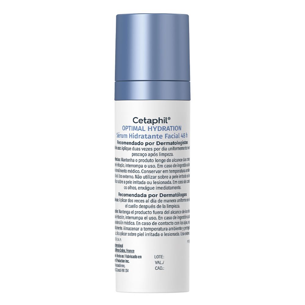 Etiqueta trasera s&eacute;rum Cetaphil Optimal Hydration 30ml &aacute;cido hialur&oacute;nico ingredientes
