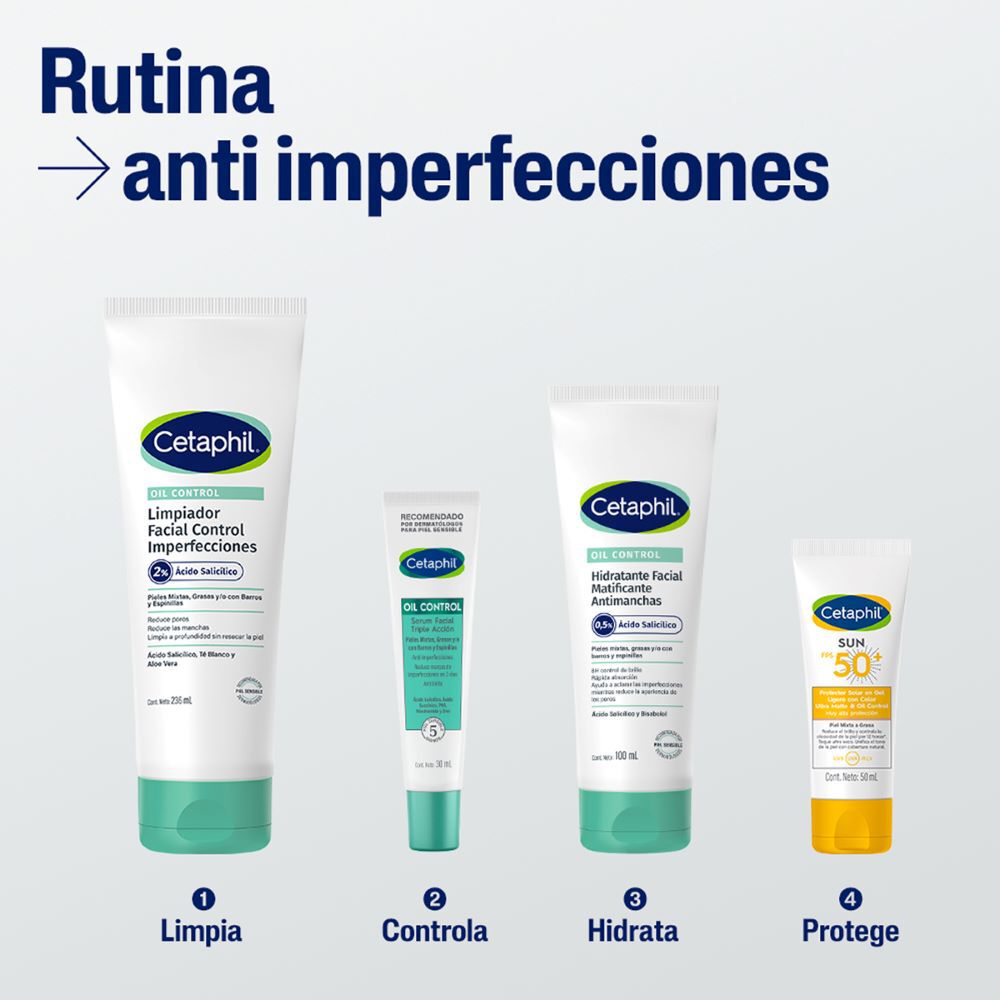 Rutina Cetaphil antiimperfecciones limpia controla hidrata protege cuatro pasos diarios