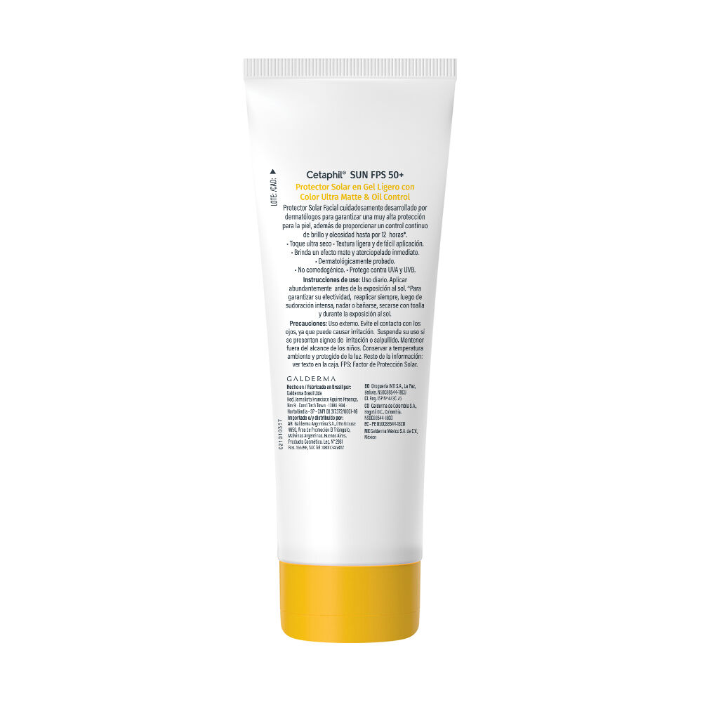 Parte trasera del protector solar Cetaphil Sun Oil Control con Color FPS 50+ con instrucciones