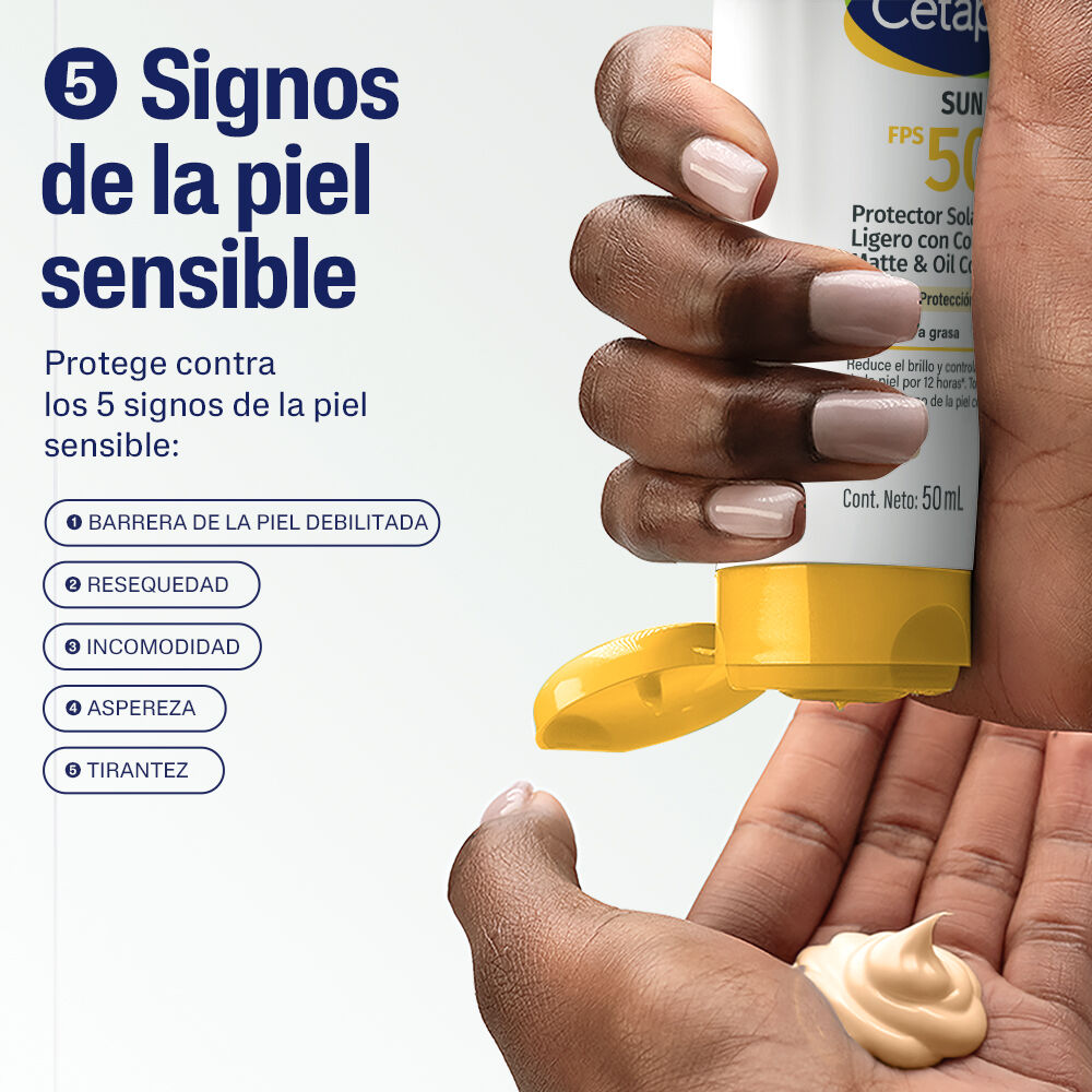 Protector solar Cetaphil FPS 50+ con color combate los 5 signos de piel sensible